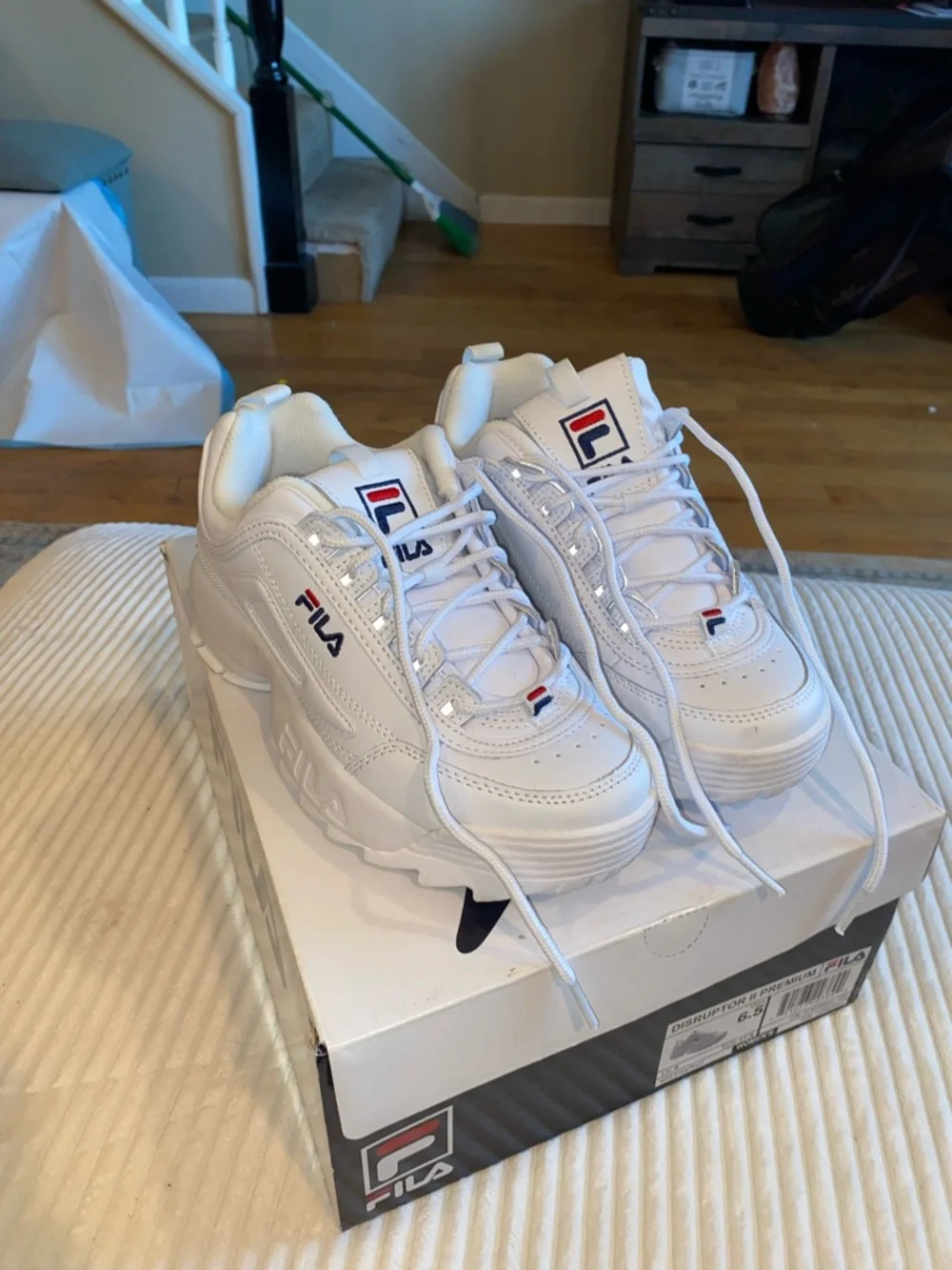 Fila White Leather Chunky Sneakers with Red & Navy Accents